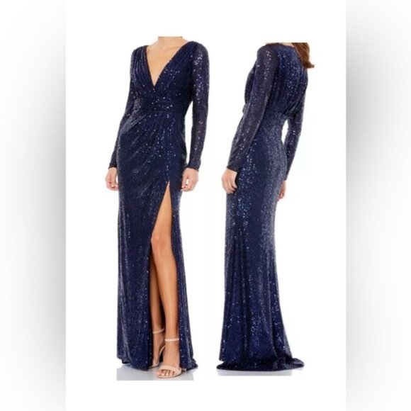 Mac Duggal 26490 Size 14 Midnight Blue Sequined Long Sleeve V-Neck Gown NWT - Picture 2 of 16